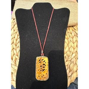 Vintage Carved Honey Yellow Faux Jade Pendant Necklace Red Suede Cord Boho